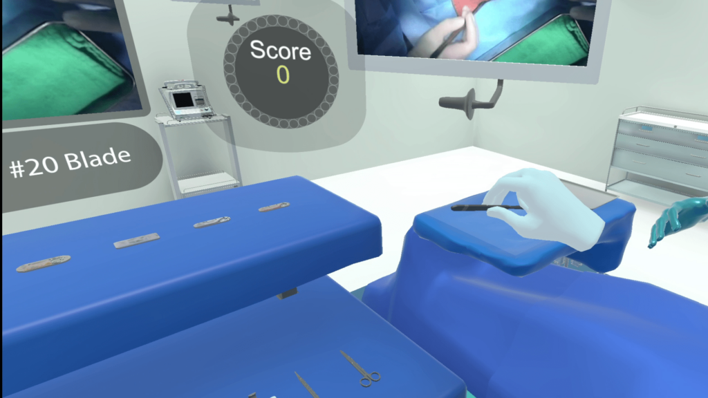 Virtual reality simulation of hernia repair procedure, showing a detailed 3D model for surgical training and practice.